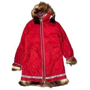 Vintage 70s Inuit Eskimo Parka Coat Hooded Women Medium Large Zip Wool Lined Fur